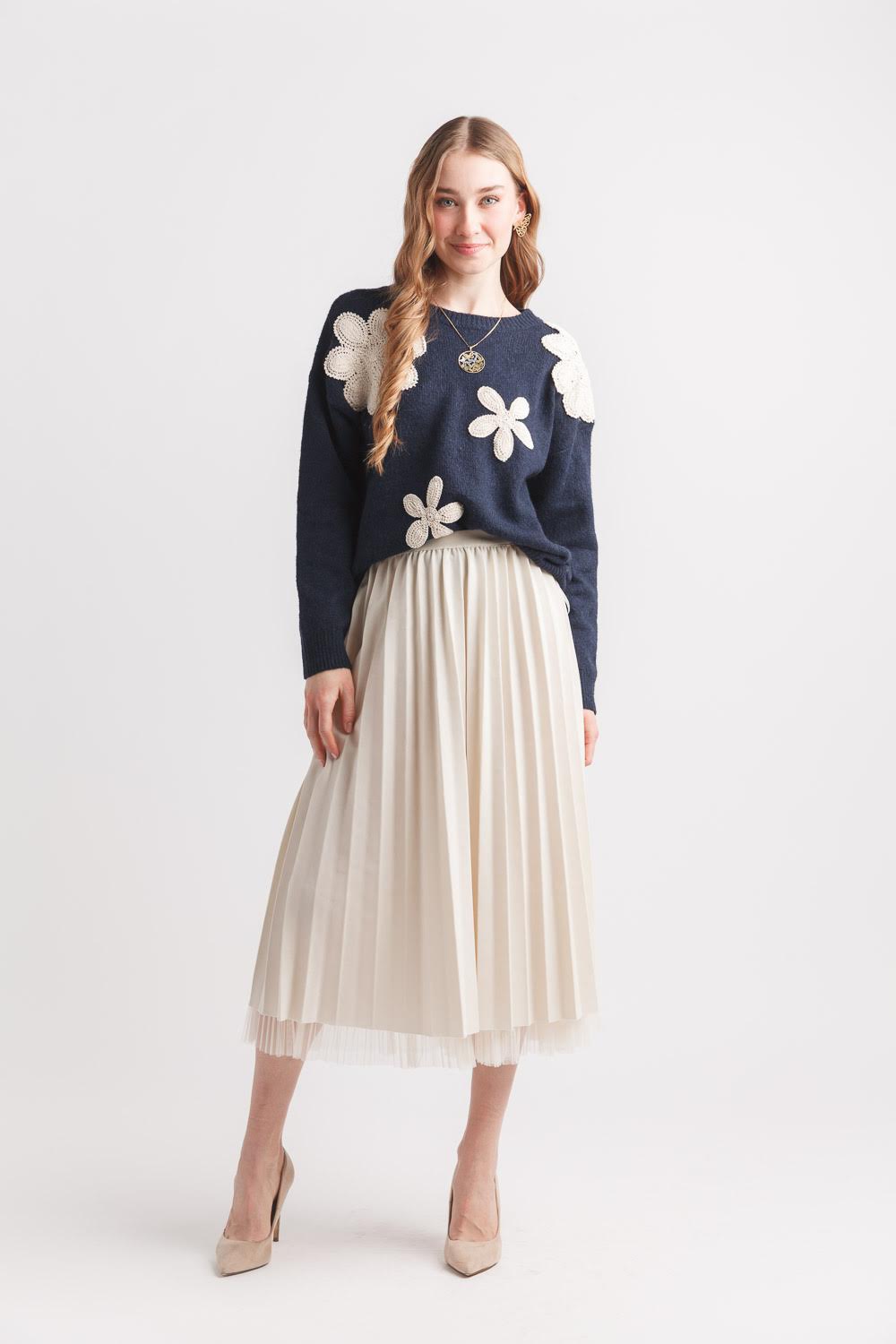 Crochet Floral Sweater (Navy)