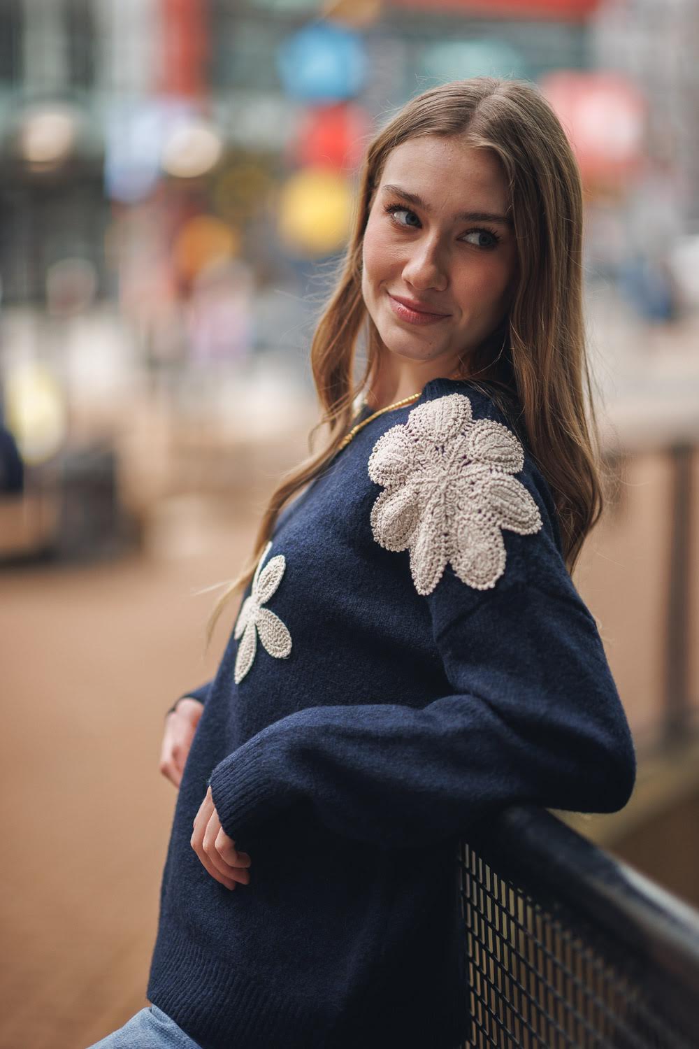 Crochet Floral Sweater (Navy)