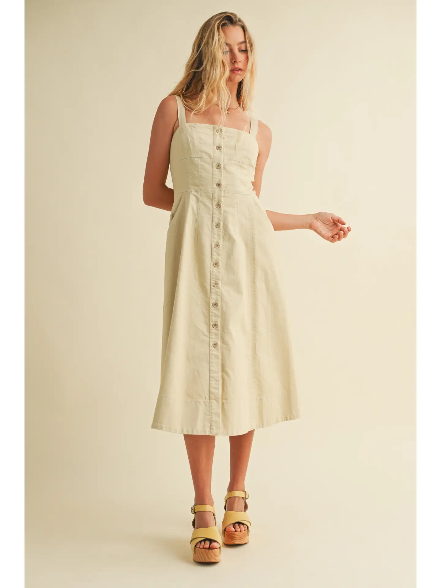 Front Button Closure Sleeveless Dress (Hemp)