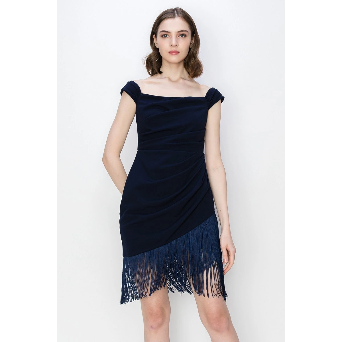 Fringe Bateau Neck Stretch Mini Dress