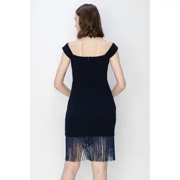 Fringe Bateau Neck Stretch Mini Dress