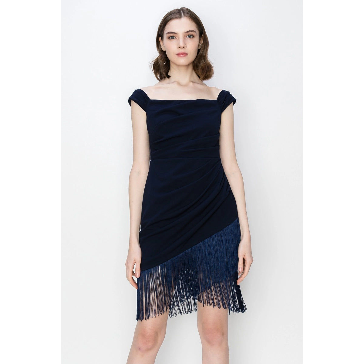 Fringe Bateau Neck Stretch Mini Dress