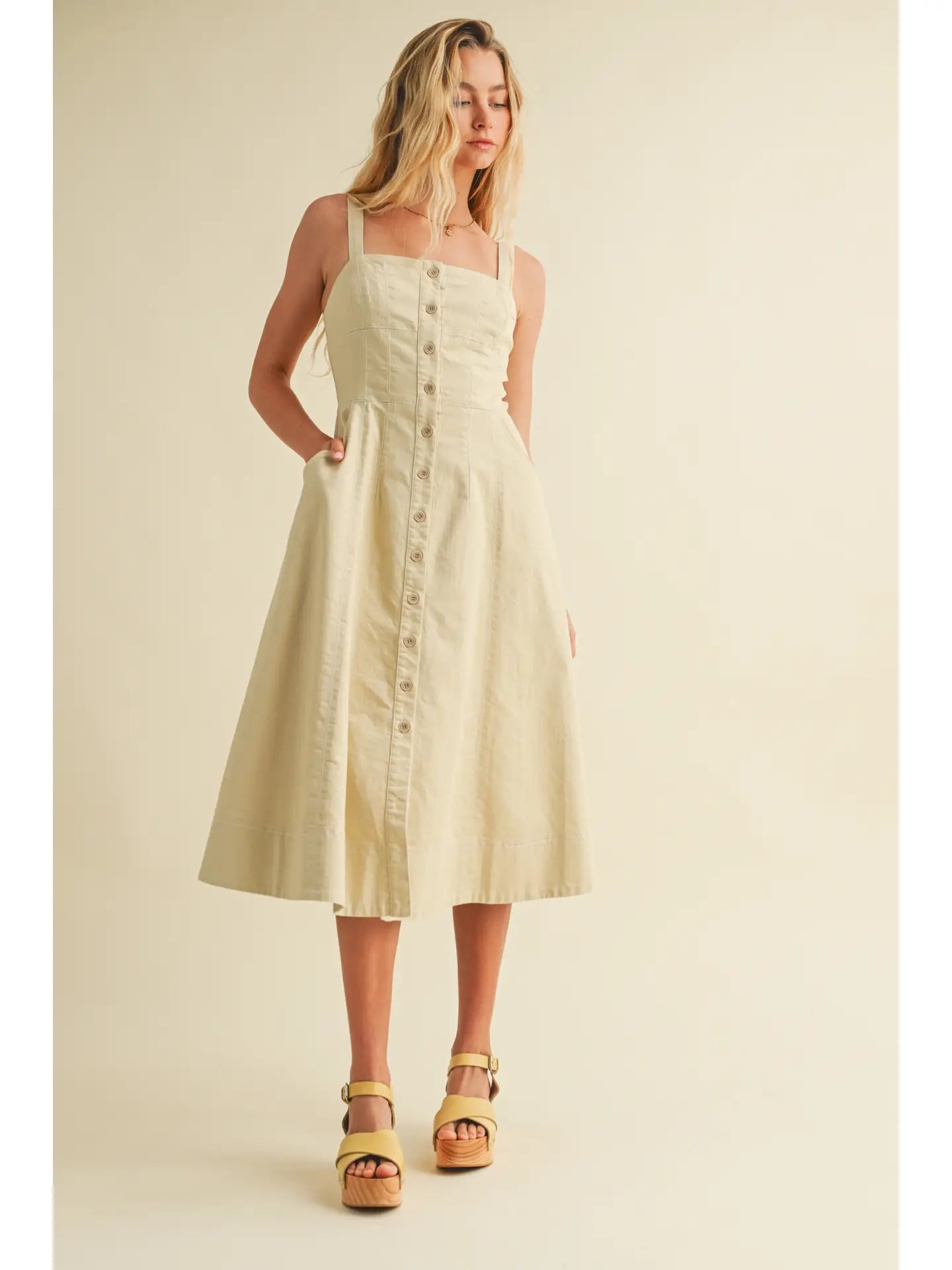 Front Button Closure Sleeveless Dress (Hemp)