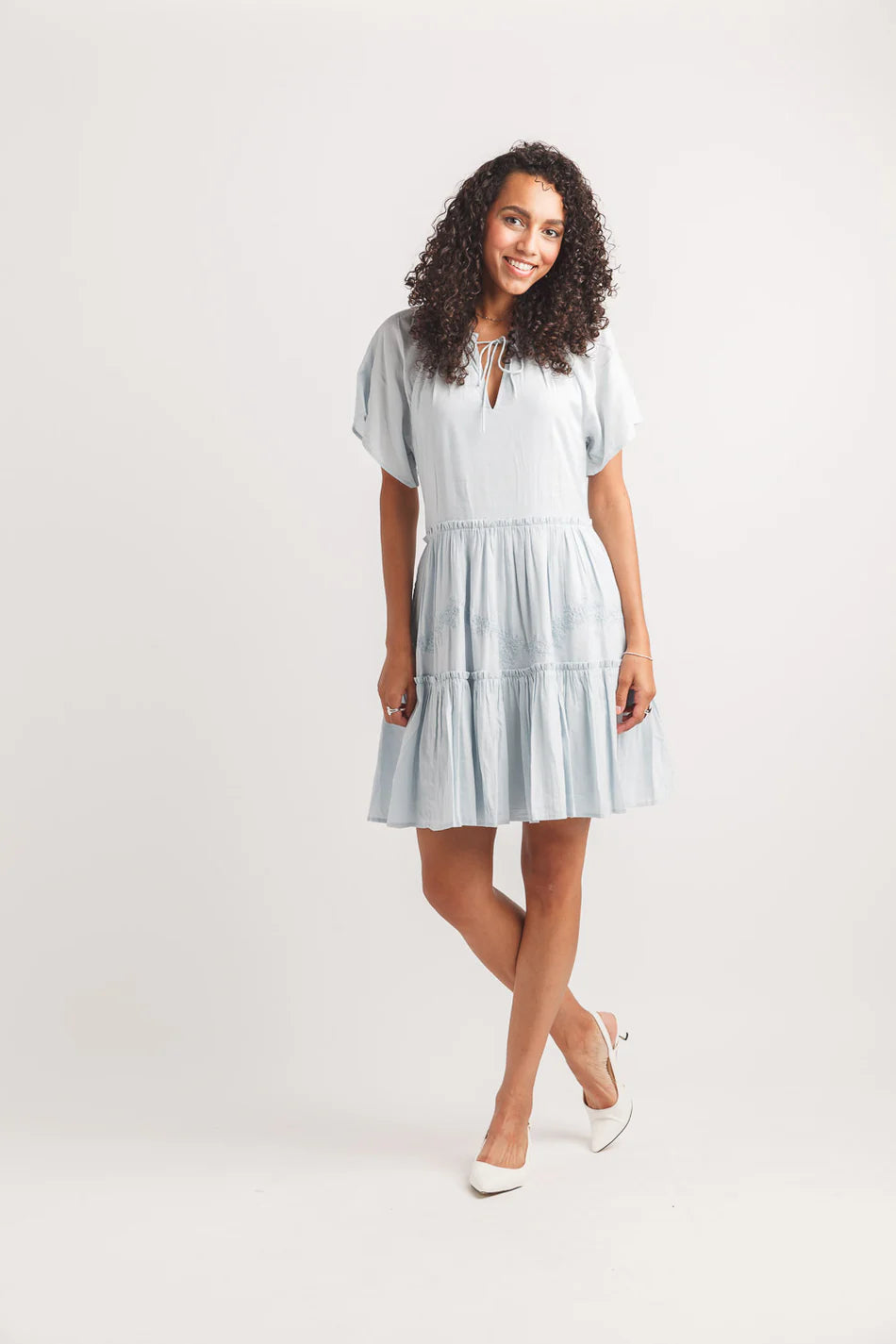 Tiered Dress with Floral Embroidery (Light Blue)