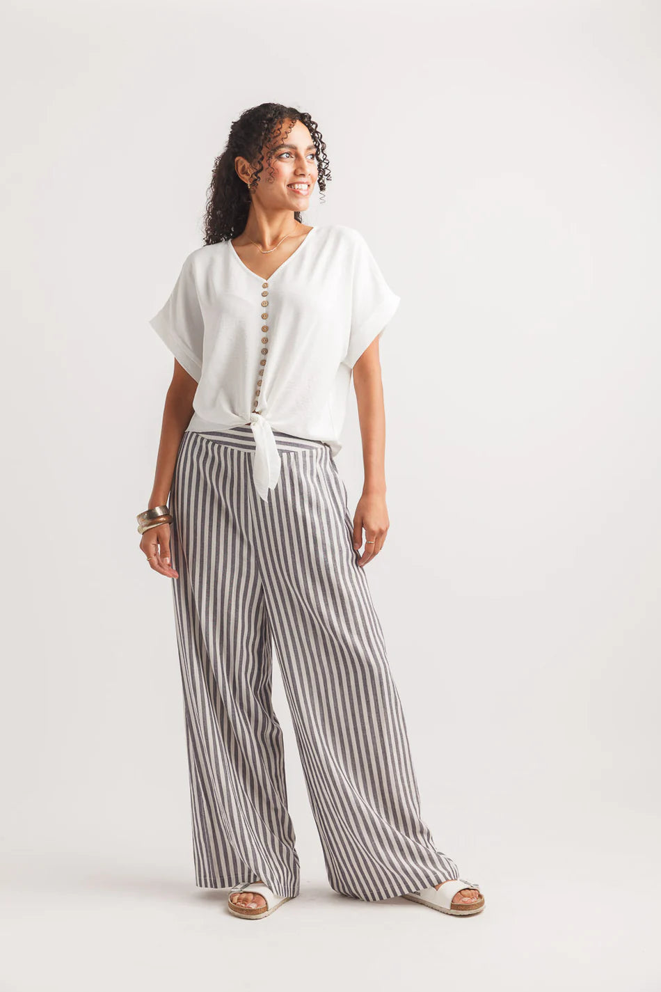 Textured Short Sleeve Button Tie Top