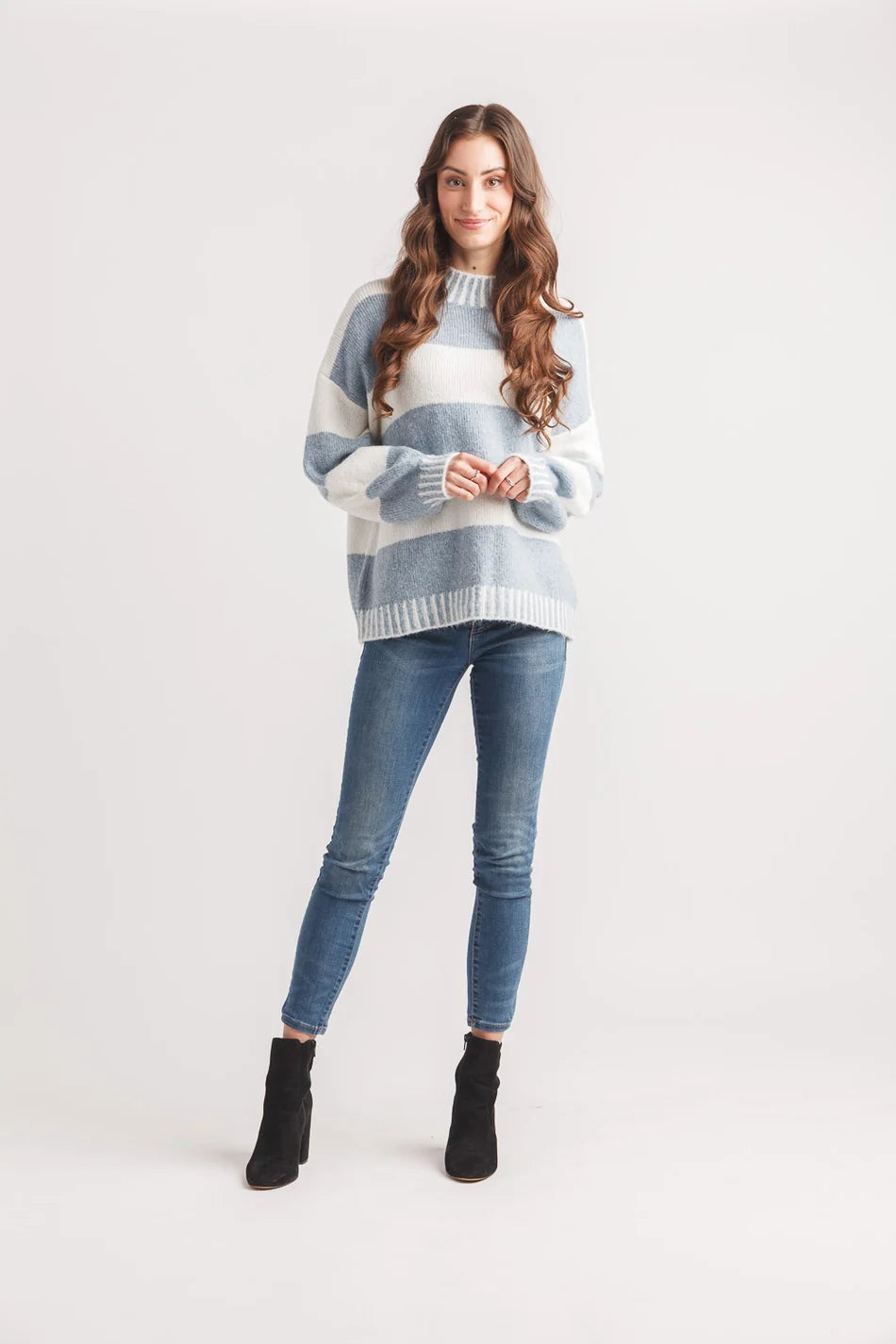 Striped Drop Shoulder Mock Neck Sweater
