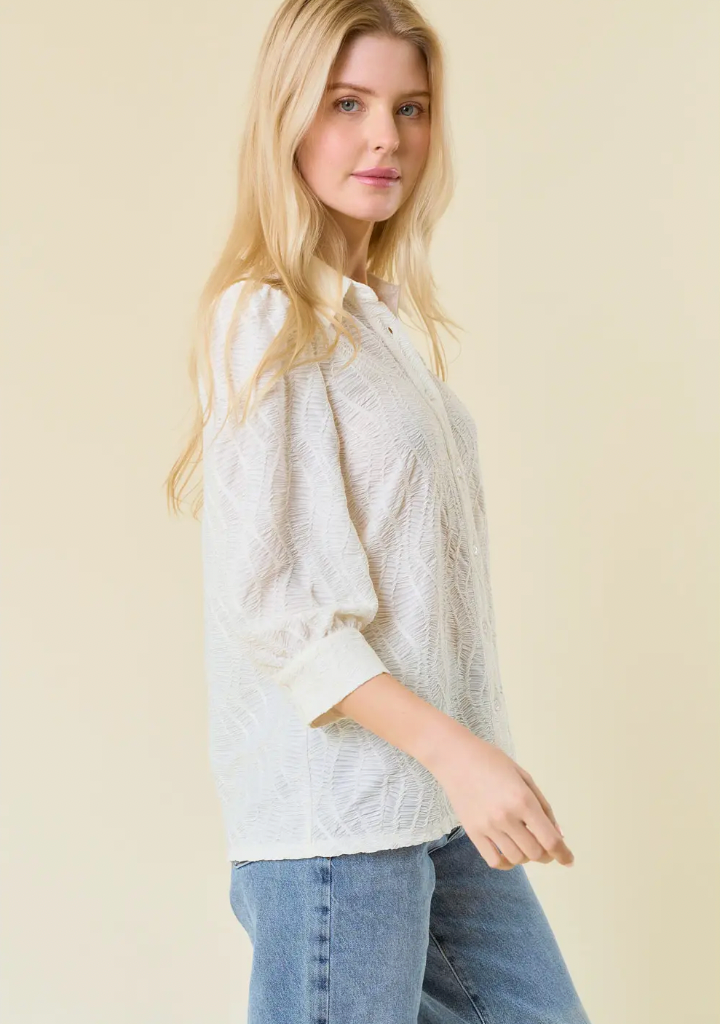 Embo Textured 3/4 Sleeve Button-Down Shirt Blouse