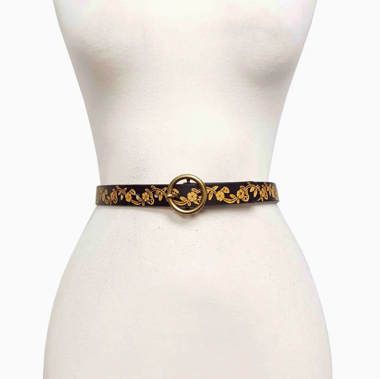 Skinny Round Buckle Belt in Hand-Painted Floral Tooled Belt