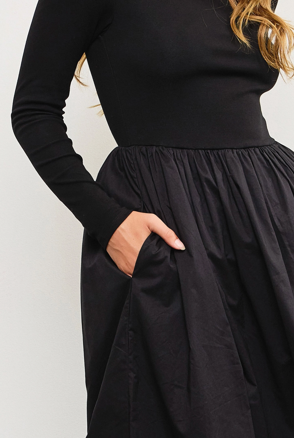 Square Neck Long Sleeve Shirred Waist Long Dress