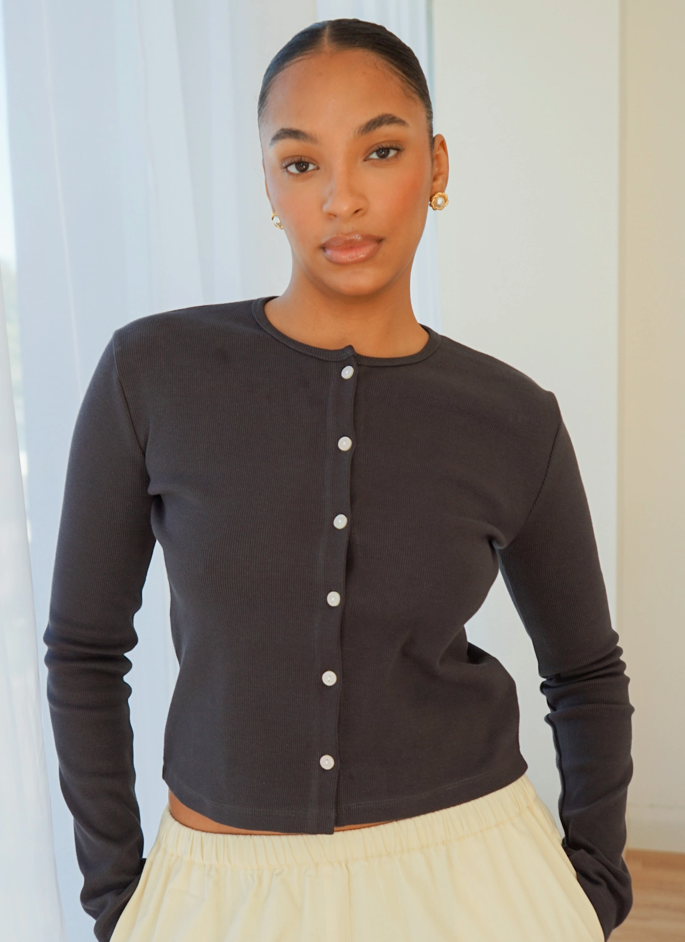 Cotton Rib Cardigan (Charcoal)