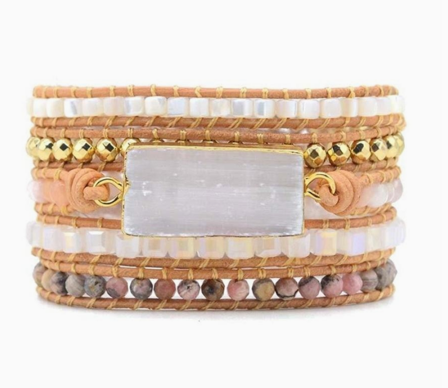 White Selenite & Rhodochrosite Wrap Bracelet