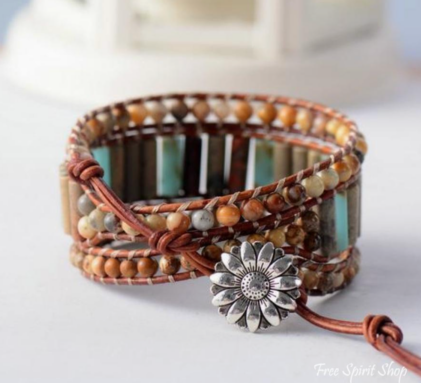Natural Jasper Leather Wrap Sunflower Bracelet