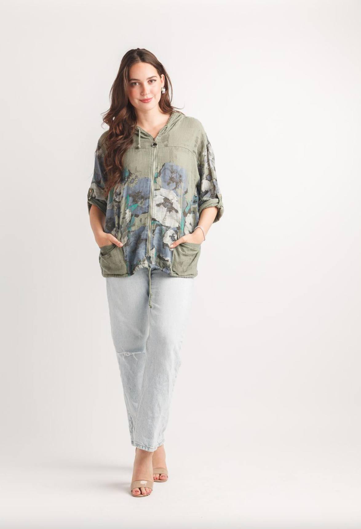 Floral Zip Up Lightweight Hooded Jacket