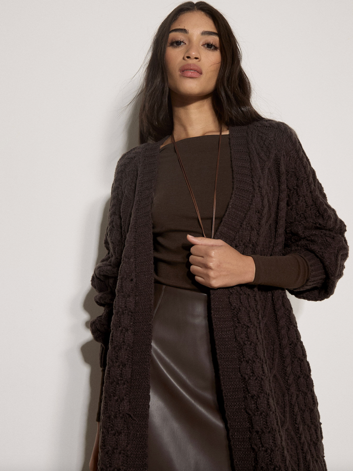 Cable Knit Open Midi Cardigan (Brown)
