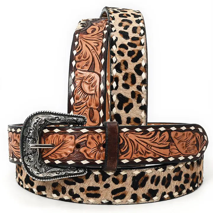Leopard Print Hair on Tooled Leather Belt