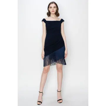 Fringe Bateau Neck Stretch Mini Dress