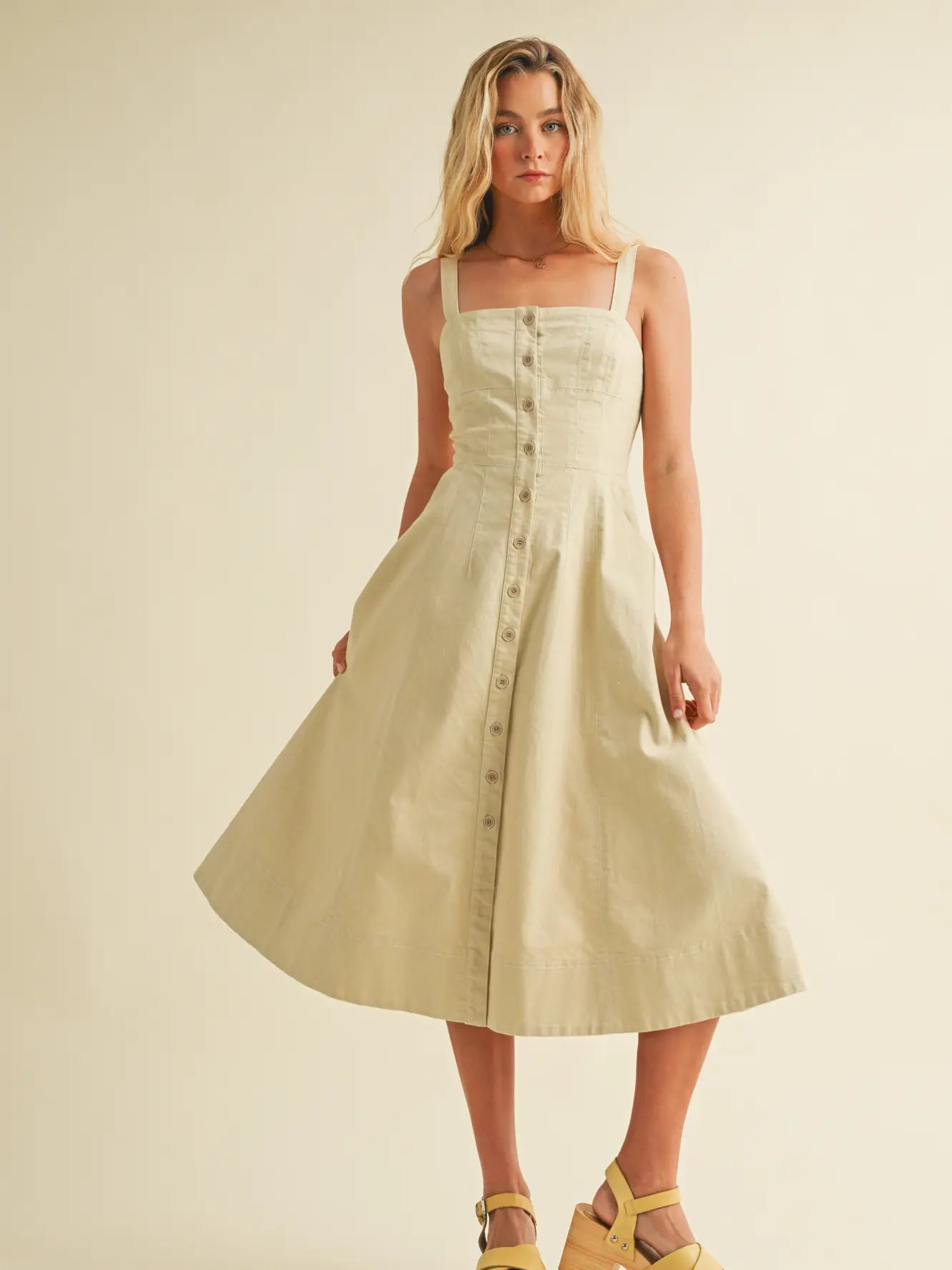 Front Button Closure Sleeveless Dress (Hemp)