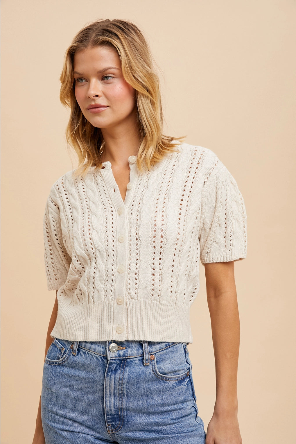 Cable Knit Puff Sleeve Cardigan