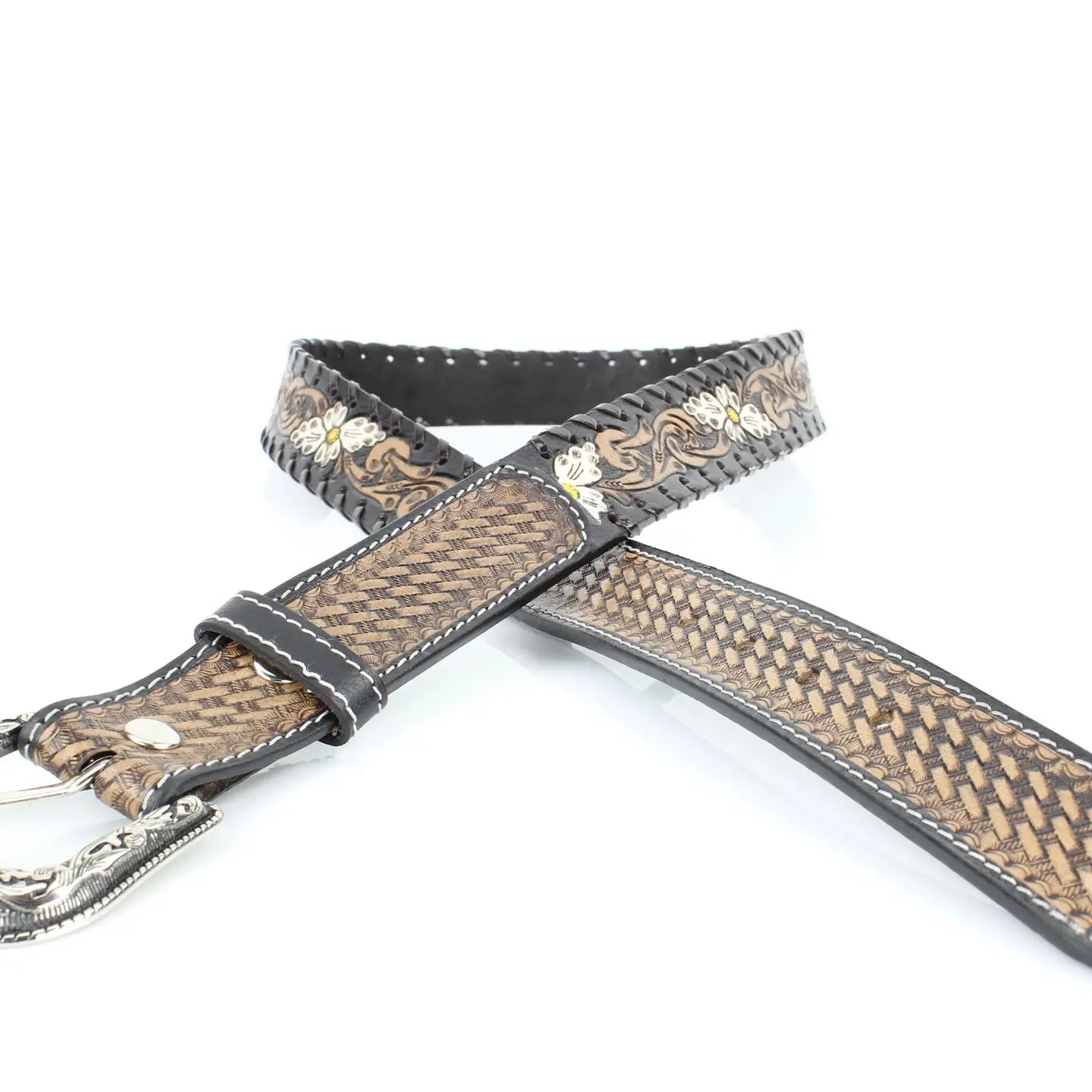 Floral Belt | White Painted Flowers & Whipstitch