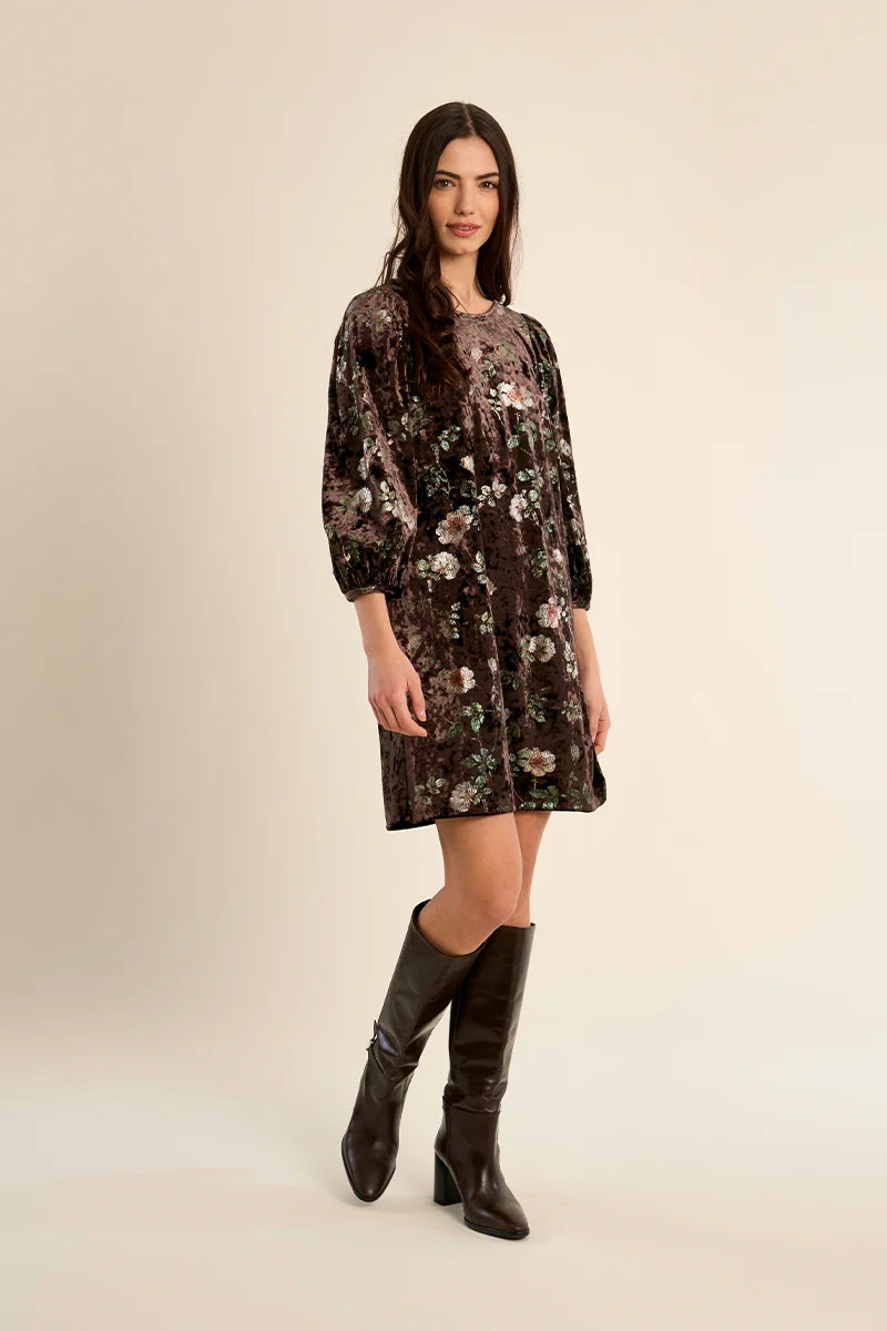 Velvet dress with balloon sleeves - Brown