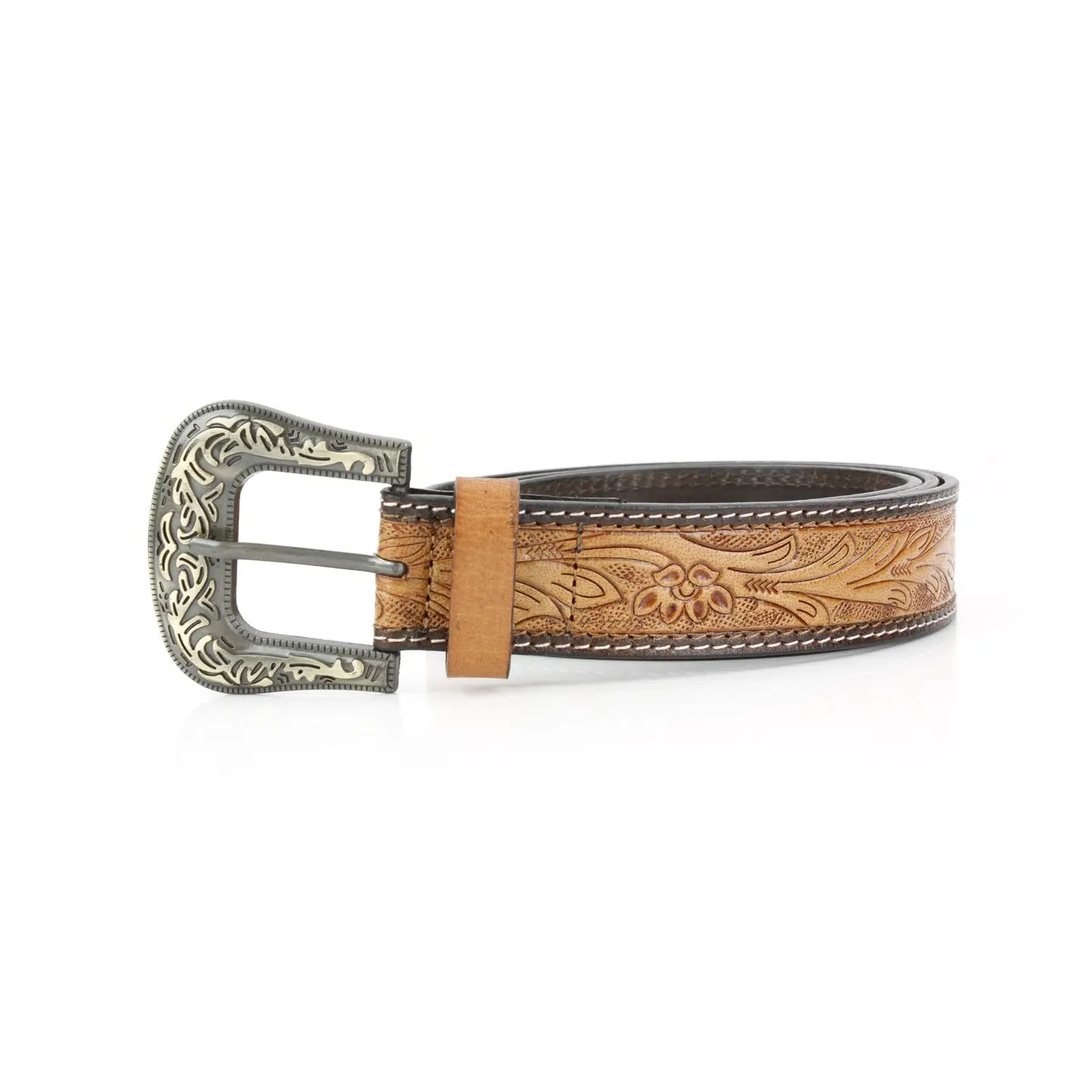 Tan Tooled Leather Floral Belt Unisex Western