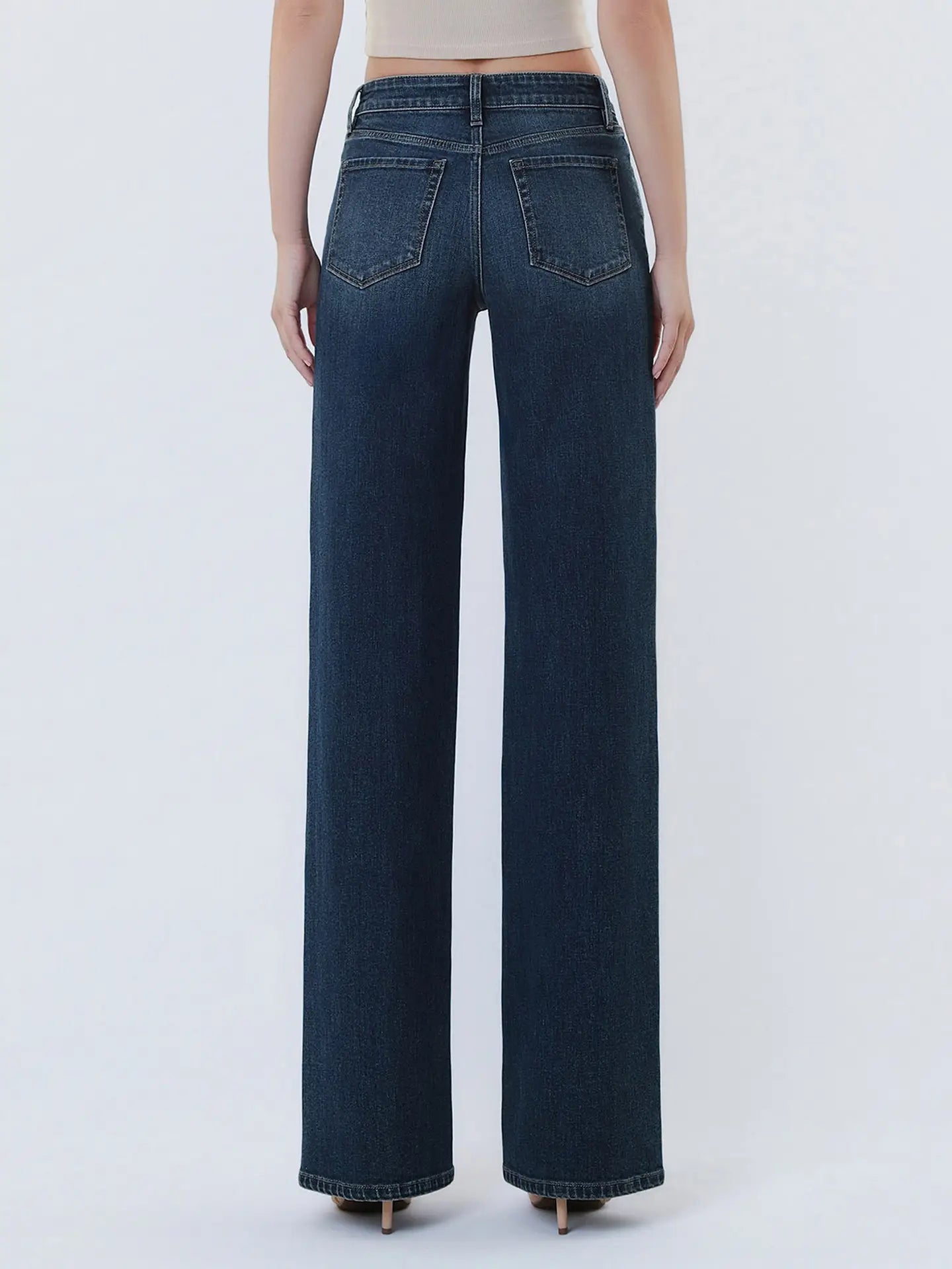 Mid Rise Full Length Dark Wash Wide Leg Jeans