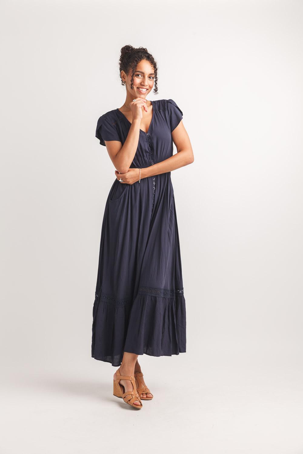 Solid Lace Inset Maxi Dress (Navy)