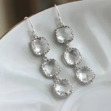 Silver Crystal Square Earrings