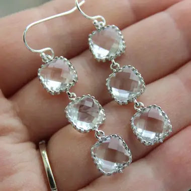Silver Crystal Square Earrings