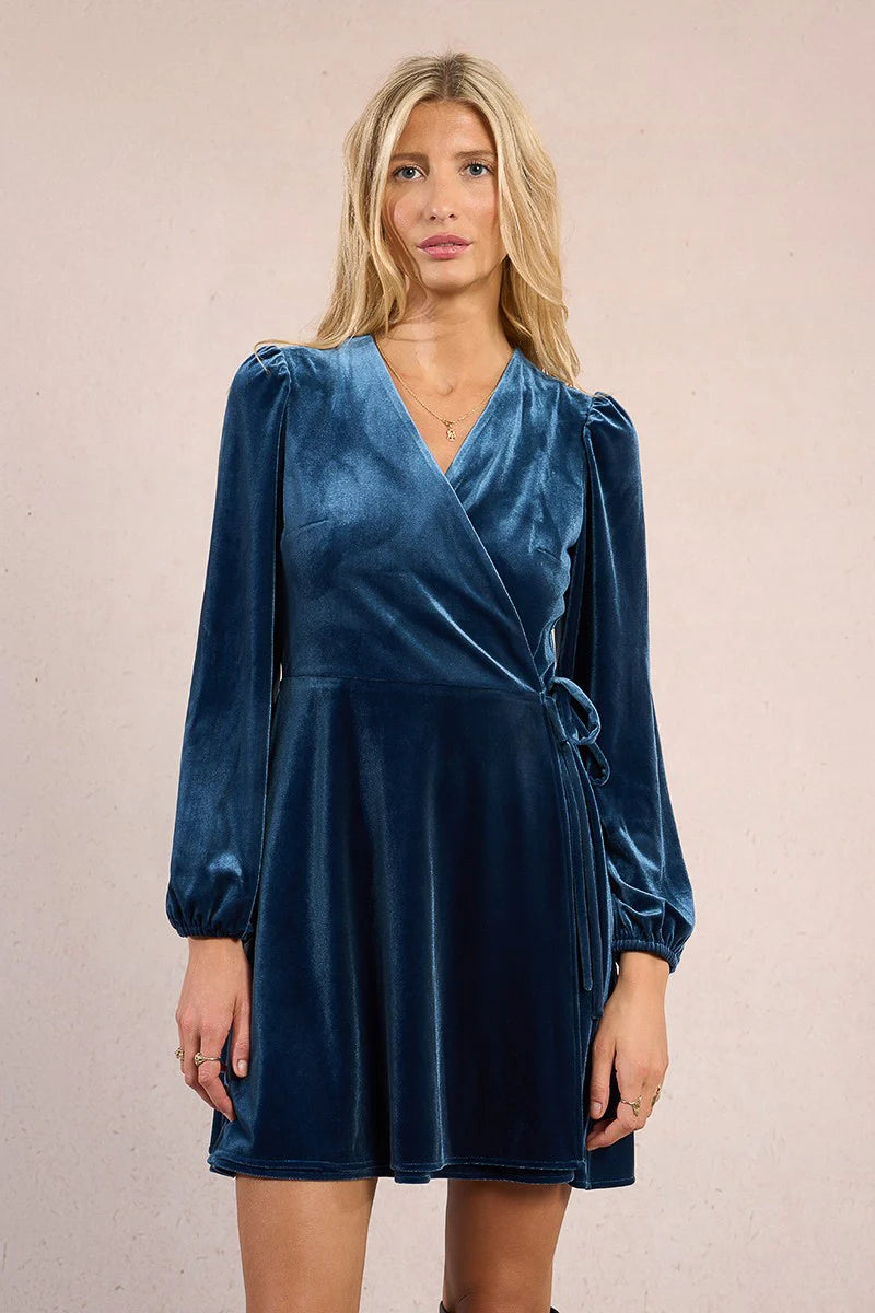 Velvet Wrap Dress (Denim Blue)