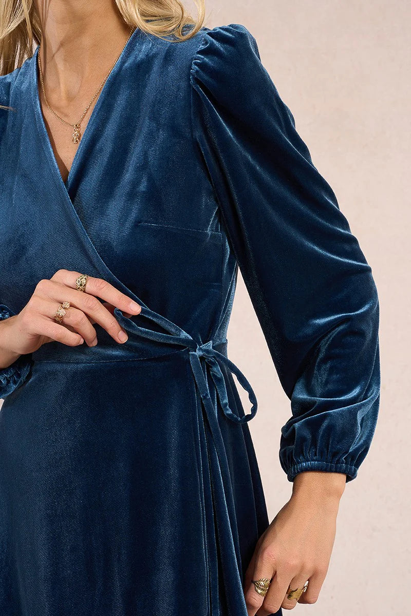 Velvet Wrap Dress (Denim Blue)