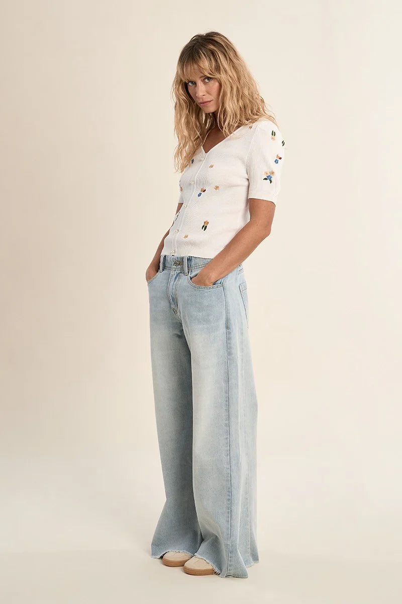 Embroidered Floral Short Sleeve Sweater