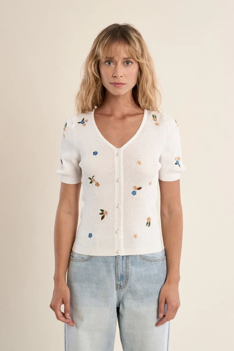 Embroidered Floral Short Sleeve Sweater