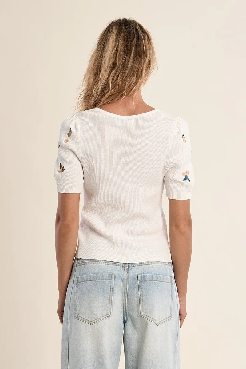 Embroidered Floral Short Sleeve Sweater