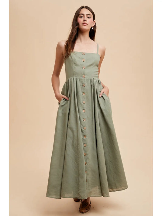 Darlin Linen Blend Button Dress (Sage)