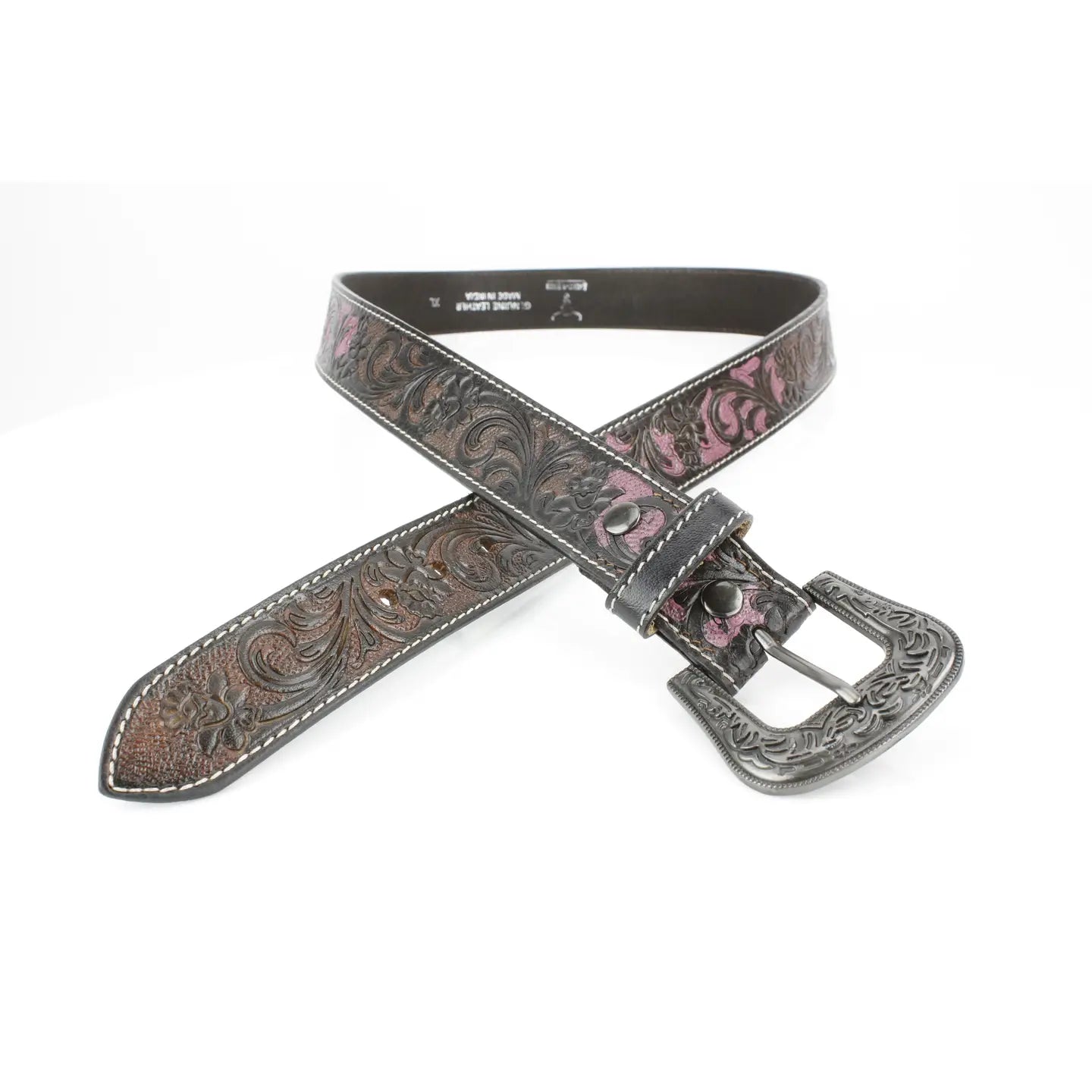 Chocolate Brown Leather Belt Floral Accent