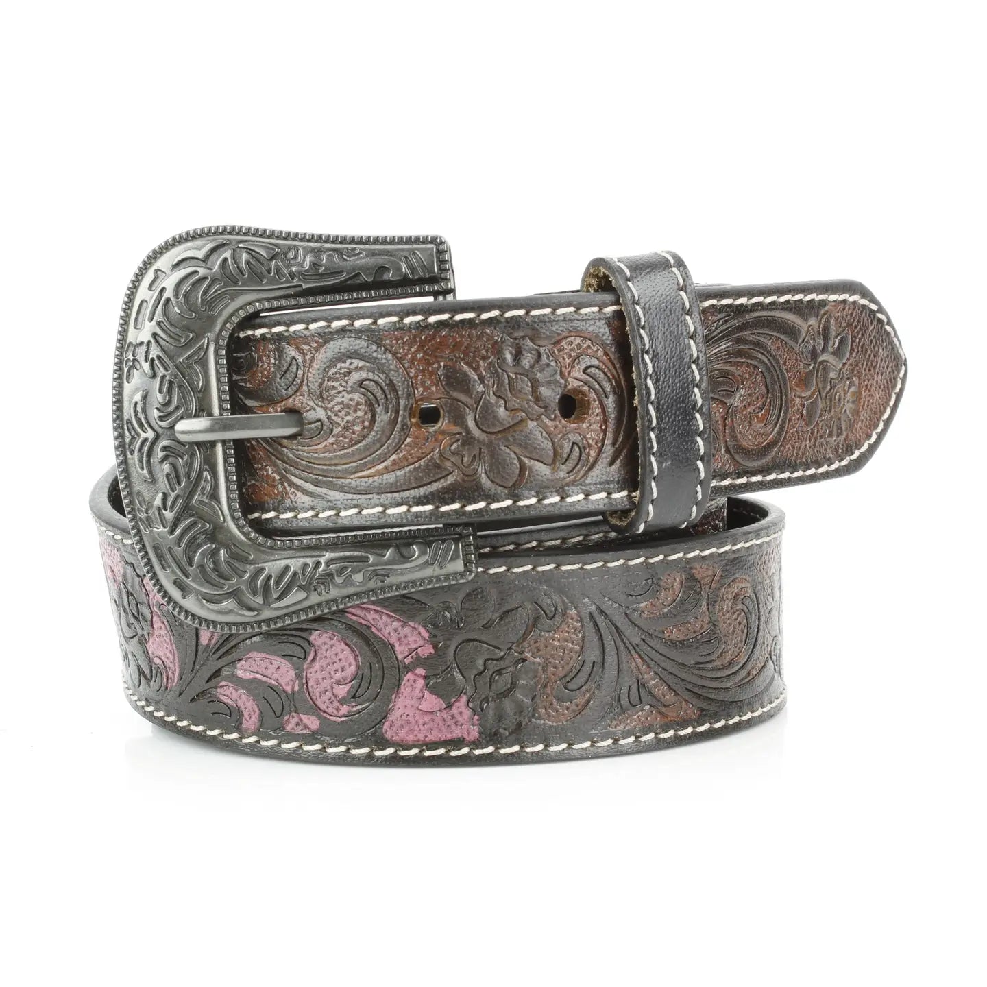 Chocolate Brown Leather Belt Floral Accent