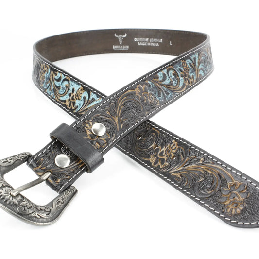 Black Tooled Leather Belt