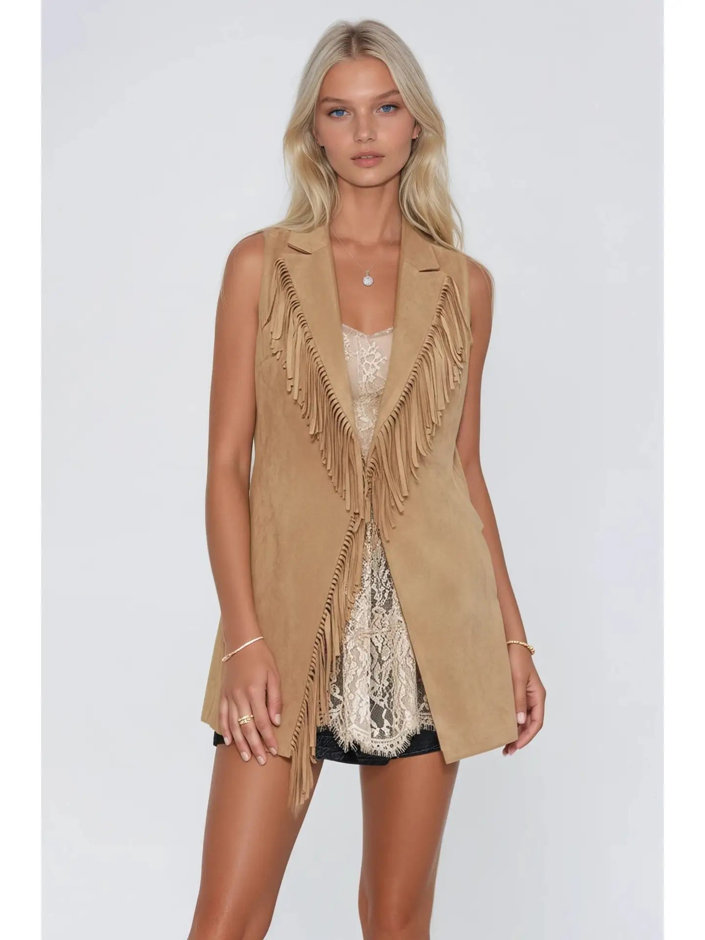 Faux Suede Fringed Longline Vest