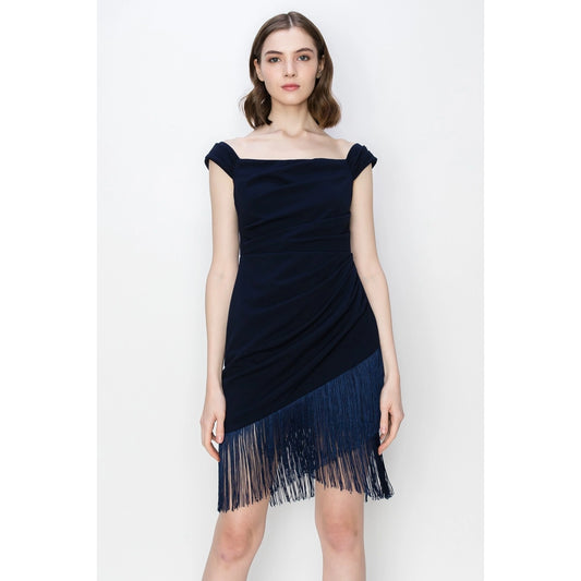 Fringe Bateau Neck Stretch Mini Dress