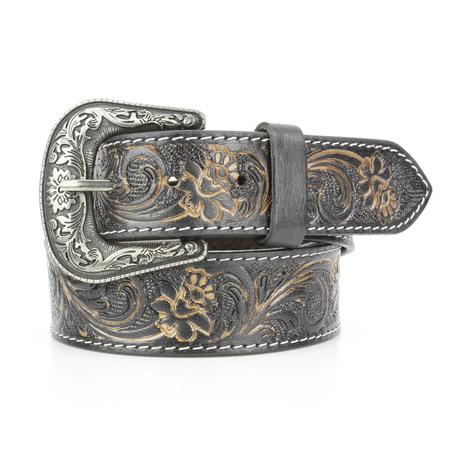 Black Tooled Leather Belt