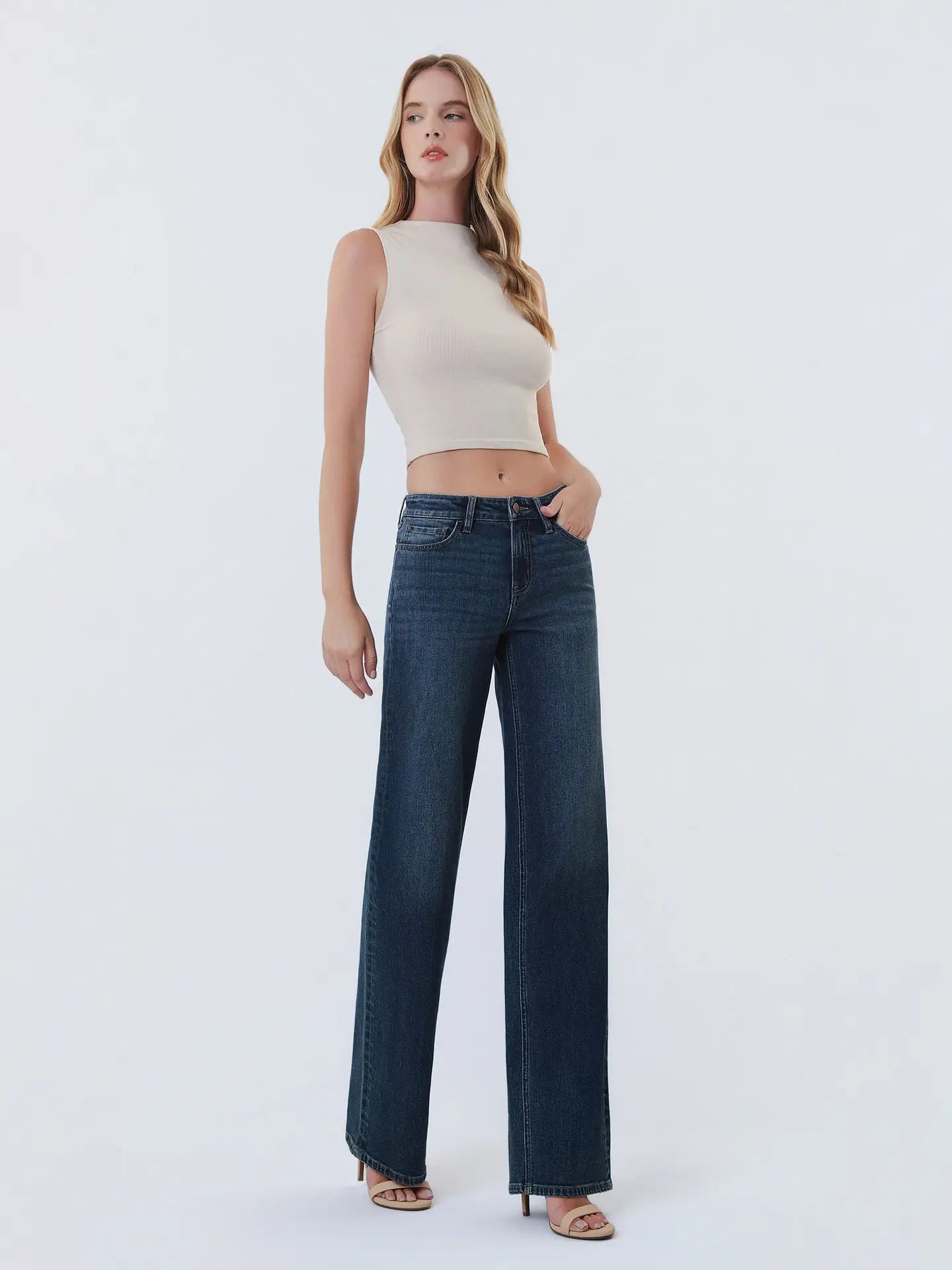 Mid Rise Full Length Dark Wash Wide Leg Jeans