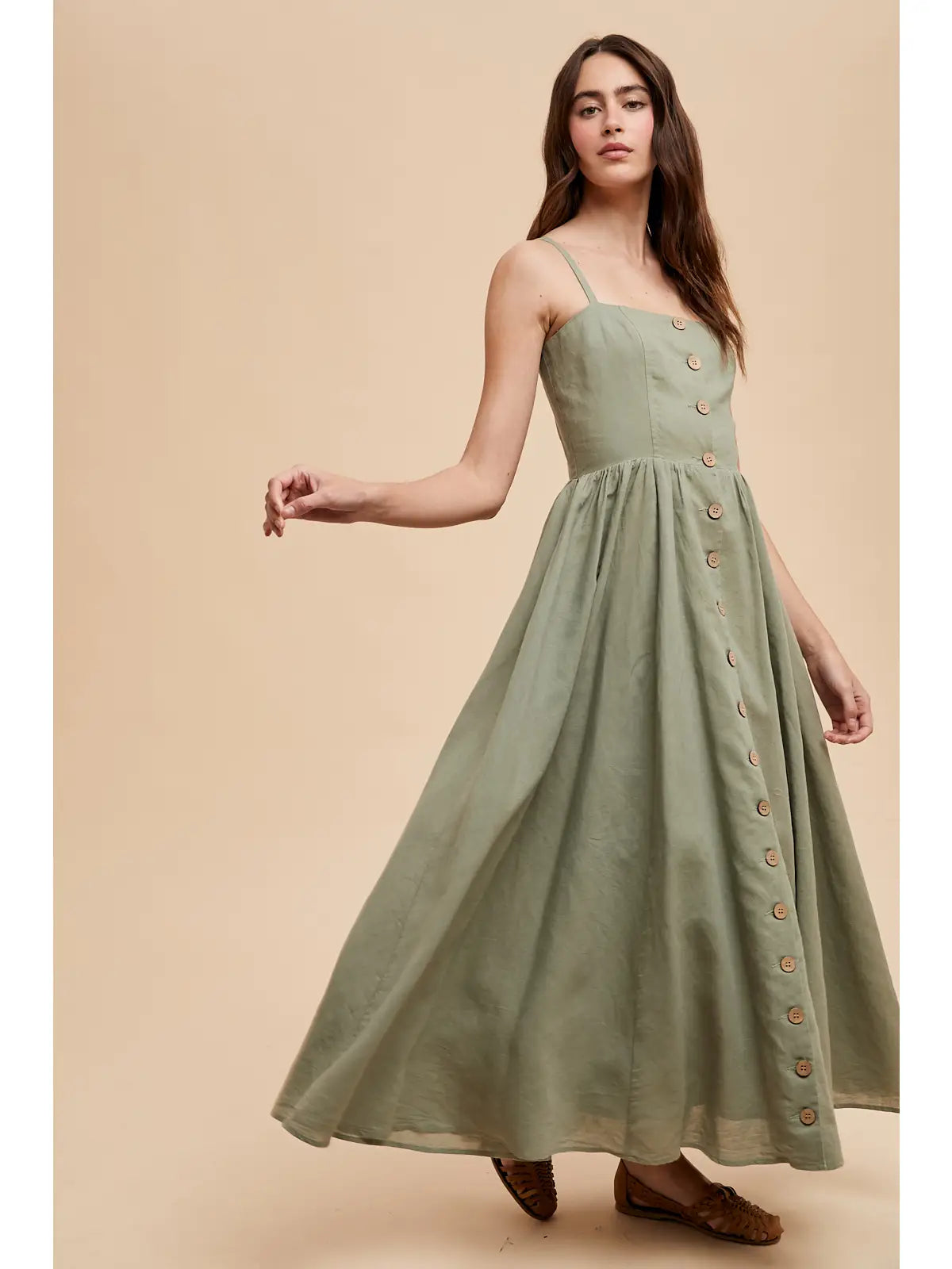 Darlin Linen Blend Button Dress (Sage)