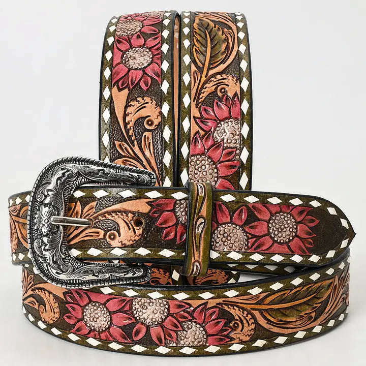 Tooled Western Leather Belt (Red Sun Flower/Olive Scroll Design)