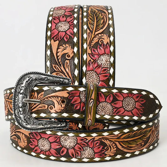 Tooled Western Leather Belt (Red Sun Flower/Olive Scroll Design)