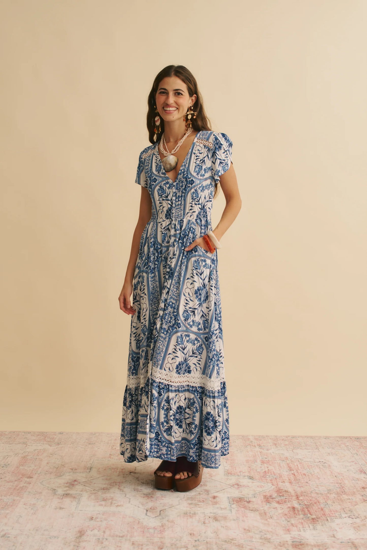 Denim Dreams Print  Carmen Maxi Dress