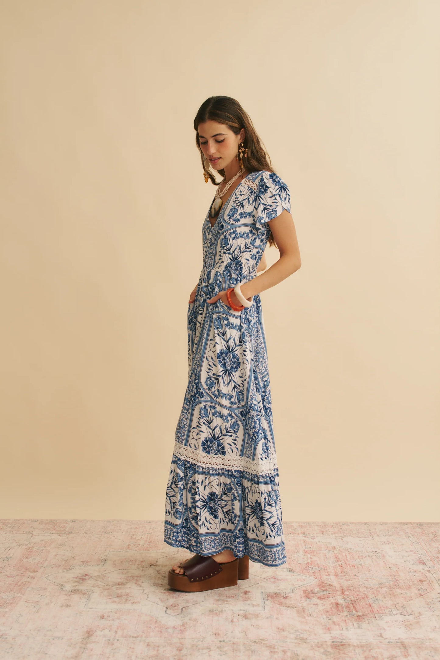 Denim Dreams Print  Carmen Maxi Dress