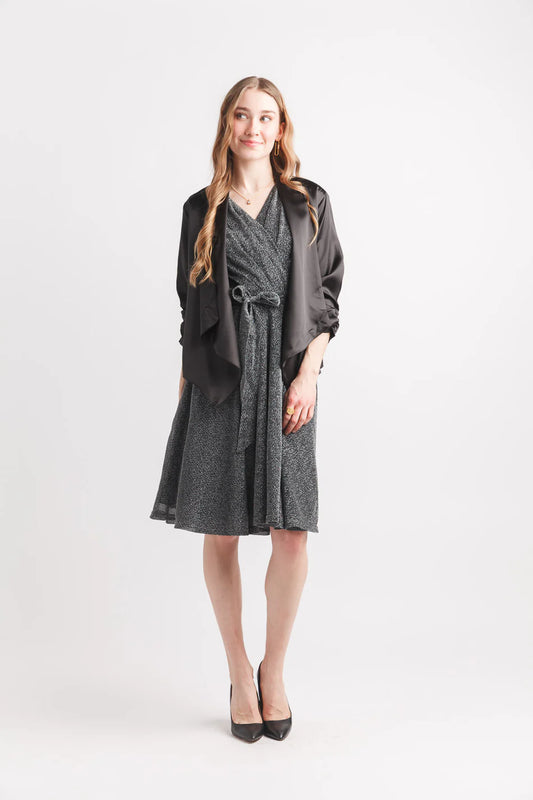 Satin Blazer With Ruched Sleeve (Black)