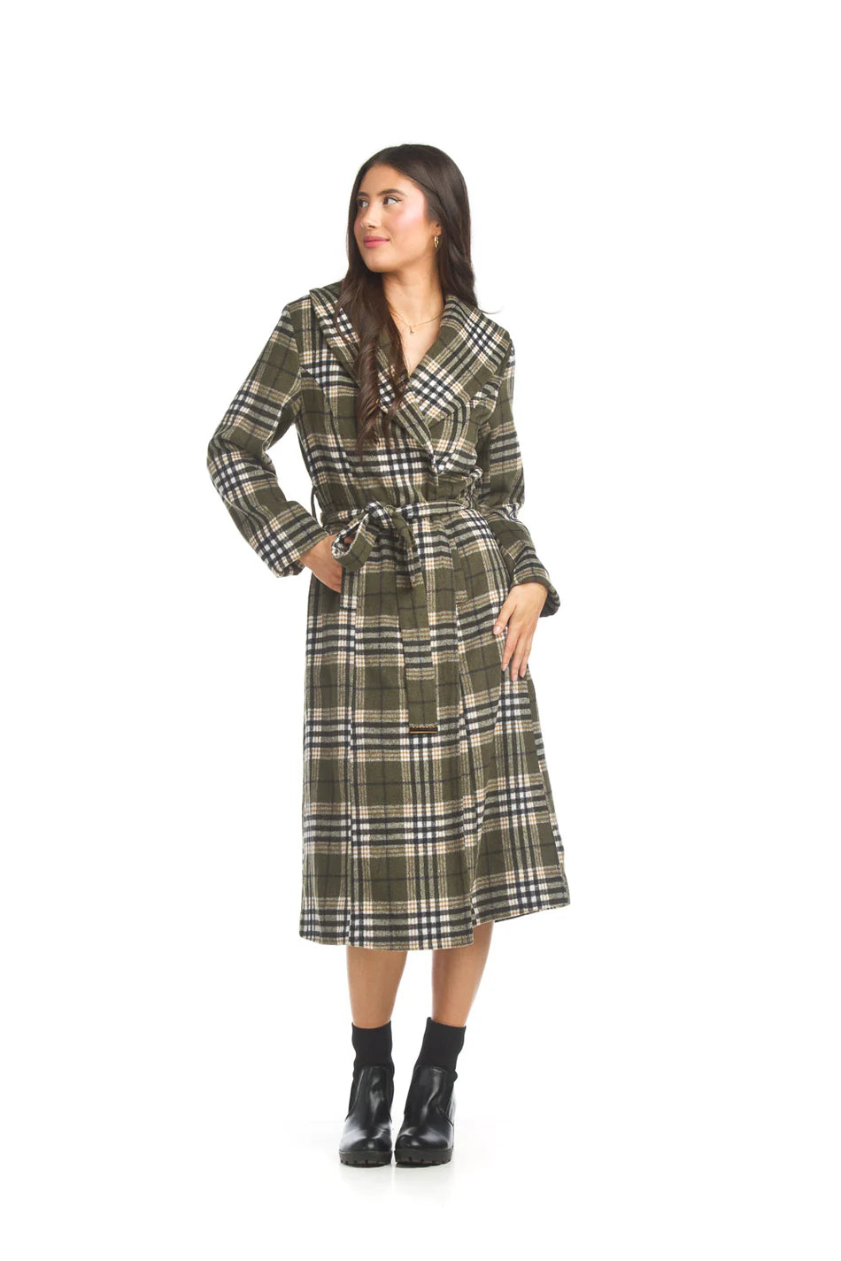 Plaid Belted wrap Coat (Olive)