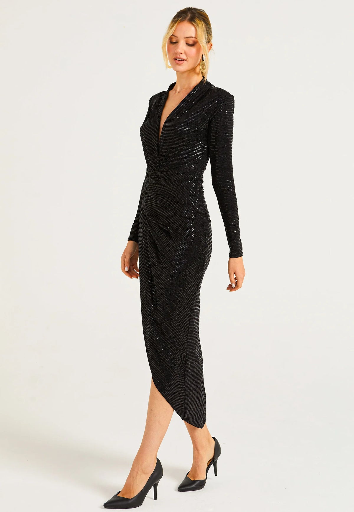 Flame Sequin Faux Wrap Midi Dress